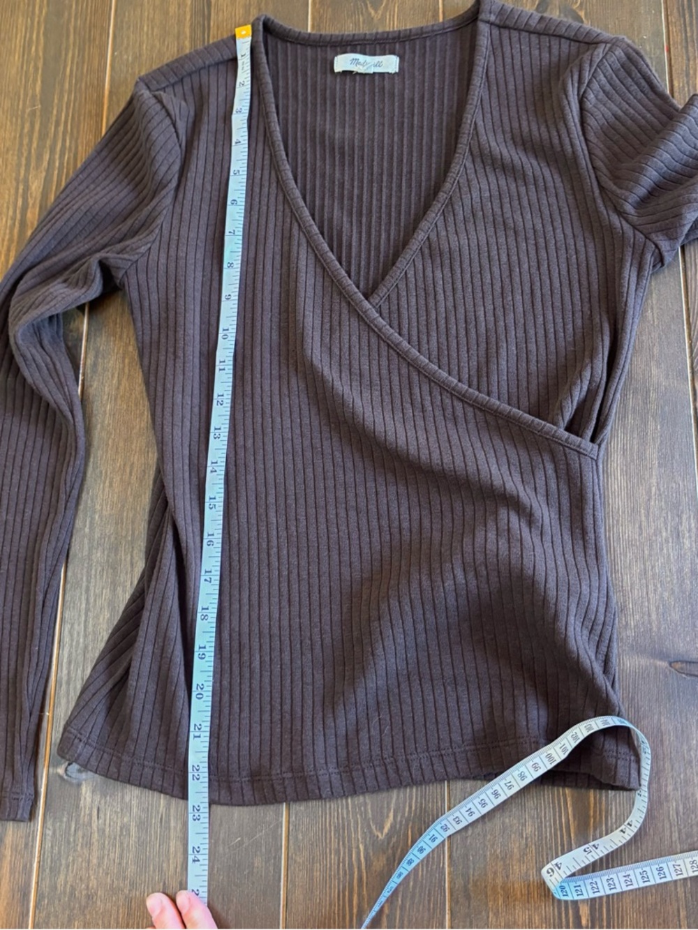 Madewell Ribbed Faux Wrap Top Chocolate Brown Long Sleeve Stretch Knit, Small - Picture 7 of 7